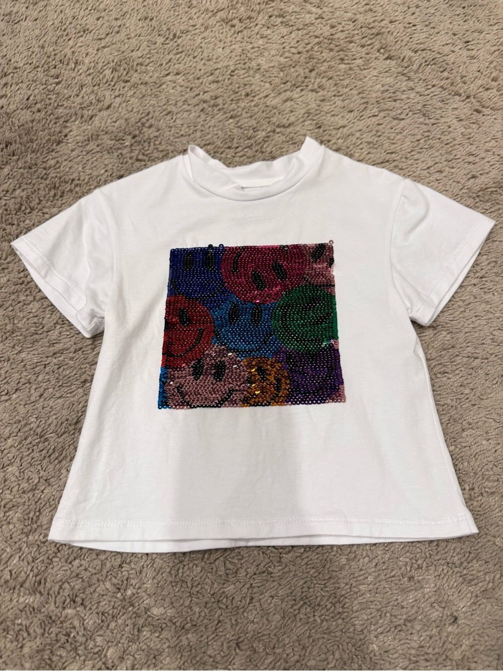 Azarhia Girls White Flip Sequin Smiley Face Graphic T-Shirt Size YT 2/3